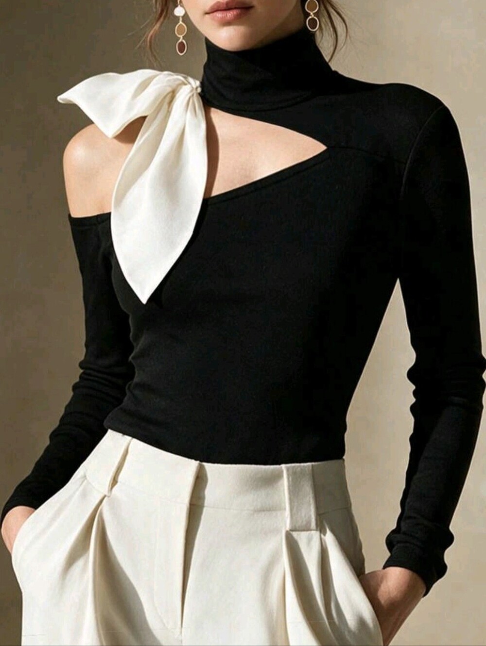 Women's Half-High Neck One-Shoulder Asymmetrical Cut-Out Off-Shoulder Top With